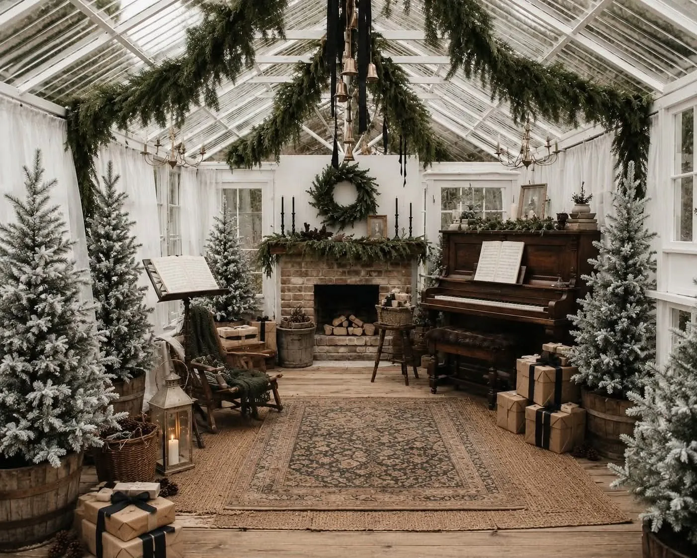 Christmas mini-session set at Mayberry Acres with garlands, Christmas trees, a fireplace, and piano